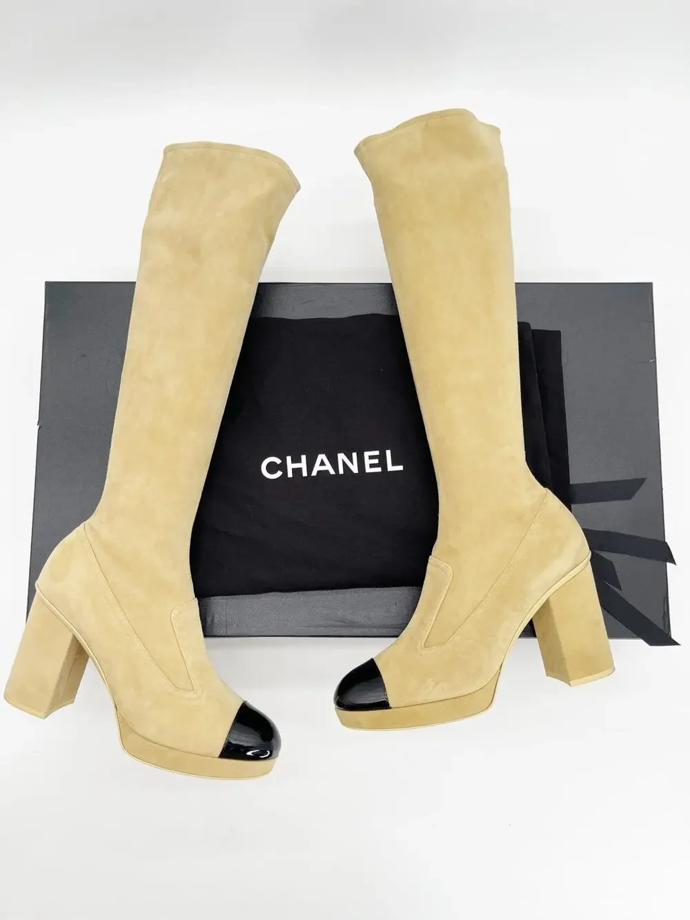 Chanel FW 2023 Beige Suede Cap Toe Knee High Block Heel Boots EU 40 CC Charm Zip